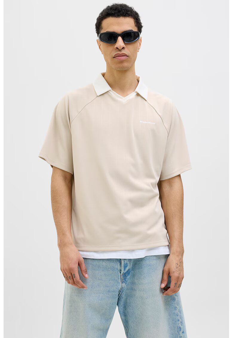 Jack  Jones Tricou polo lejer cu maneci raglan - Bej/Alb murdar