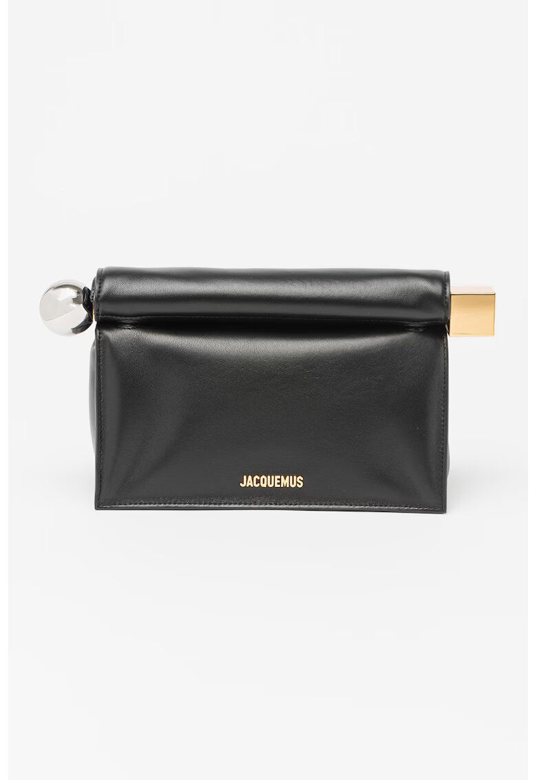 JACQUEMUS Geanta din piele cu maner si detaliu cu logo metalic Pochette Rond Carre - Negru