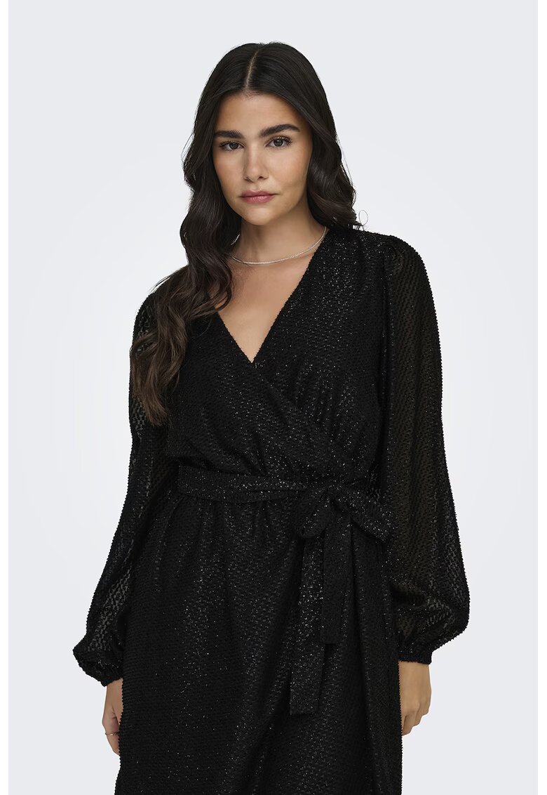 JdY Rochie cu aspect stralucitor - decolteu in V si cordon in talie - Negru