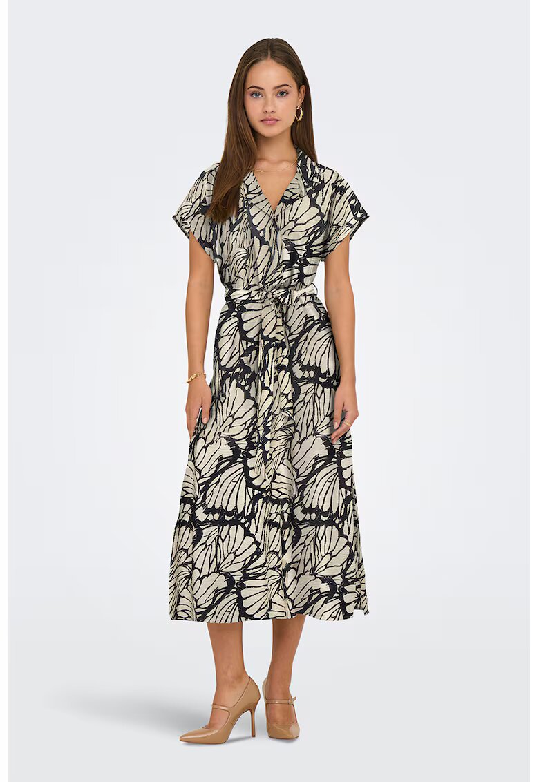 JdY Rochie midi cu cordon in talie si model - Negru/Maro nisip