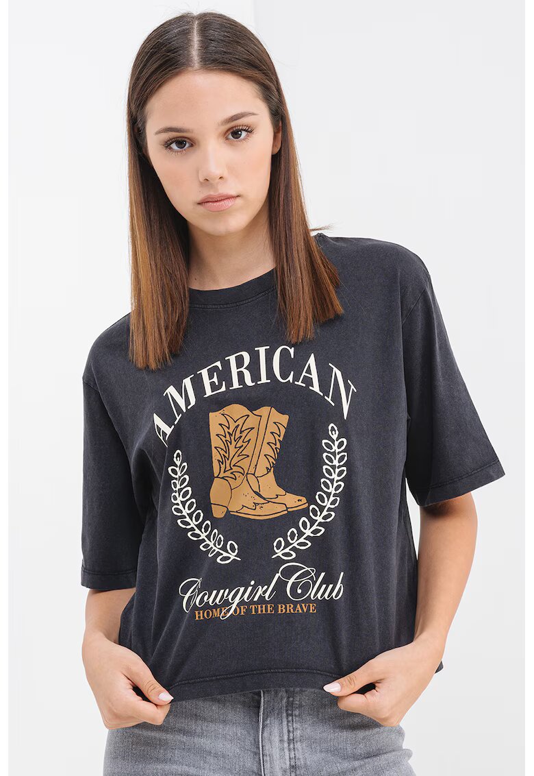 JdY Tricou crop cu imprimeu - Negru stins/Caramel/Alb murdar