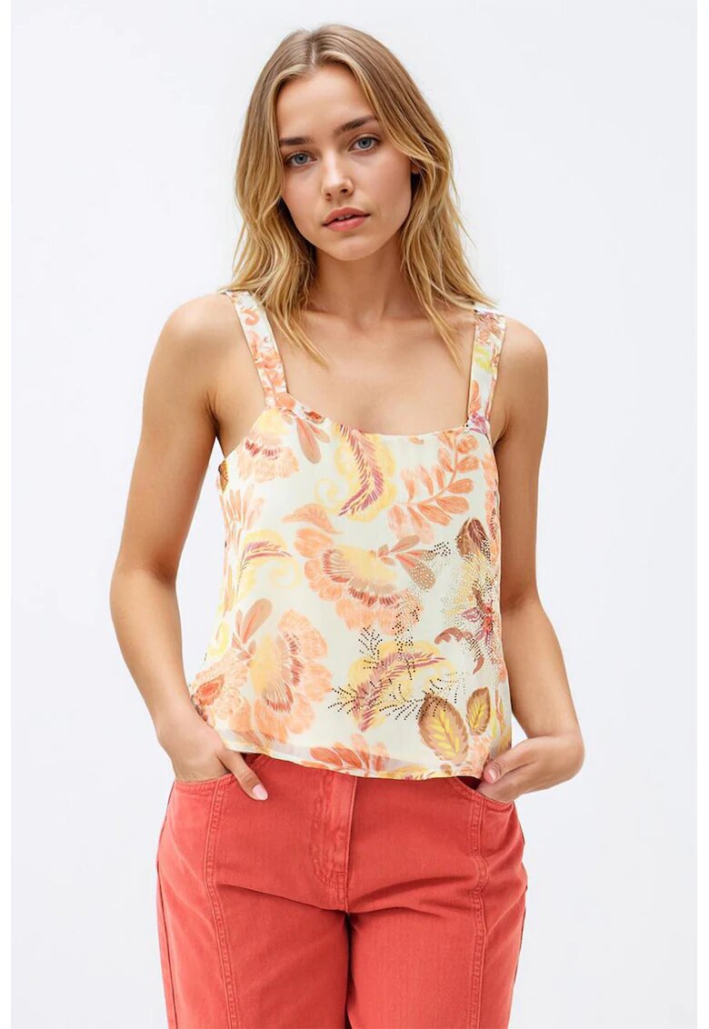 JIMMY KEY Bluza cu design floral si decolteu patrat - Maro/Bej