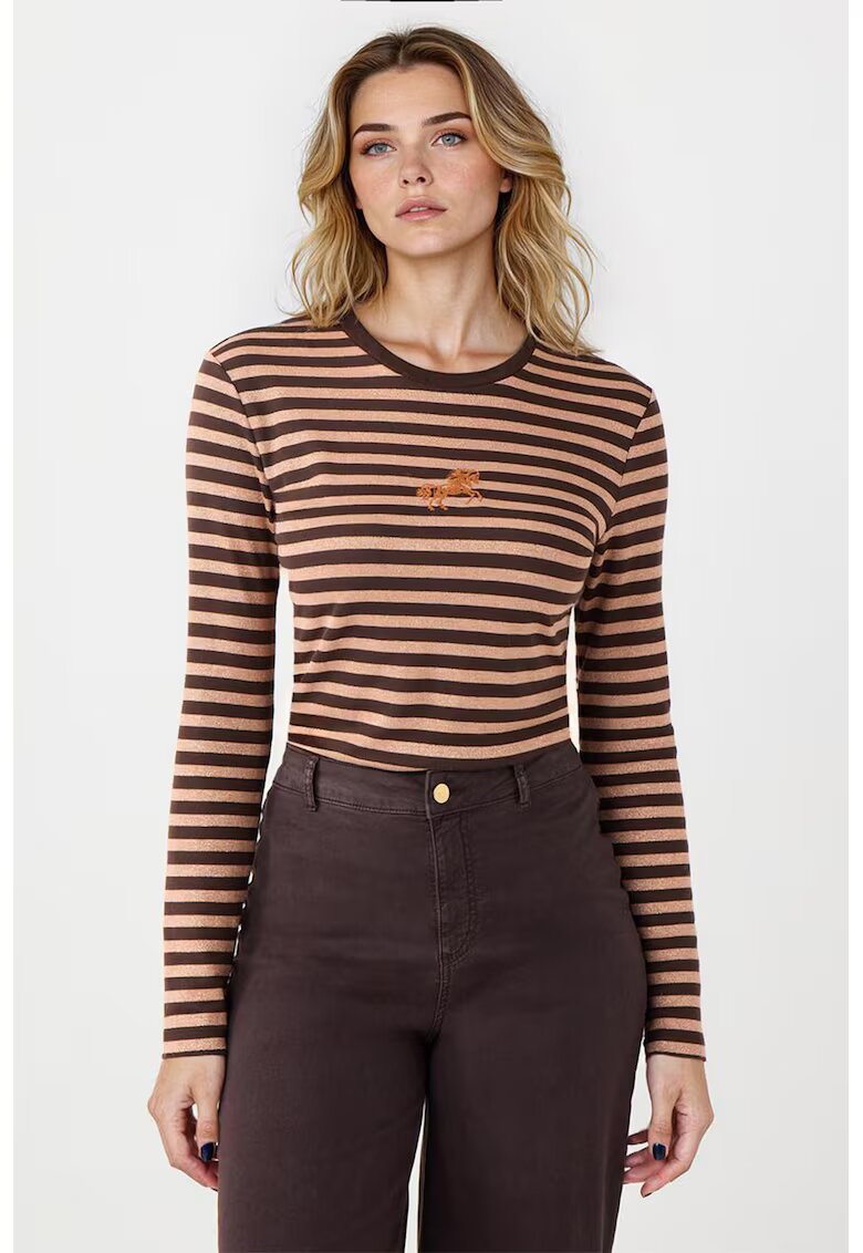 JIMMY KEY Bluza cu dungi si decolteu rotund - Maro inchis/Bej