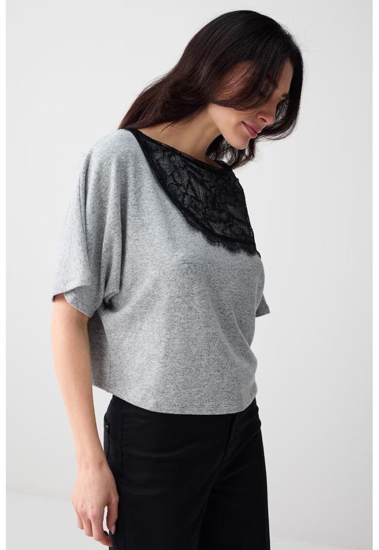 JIMMY KEY Bluza cu insertie din dantela - Negru/Gri deschis melange