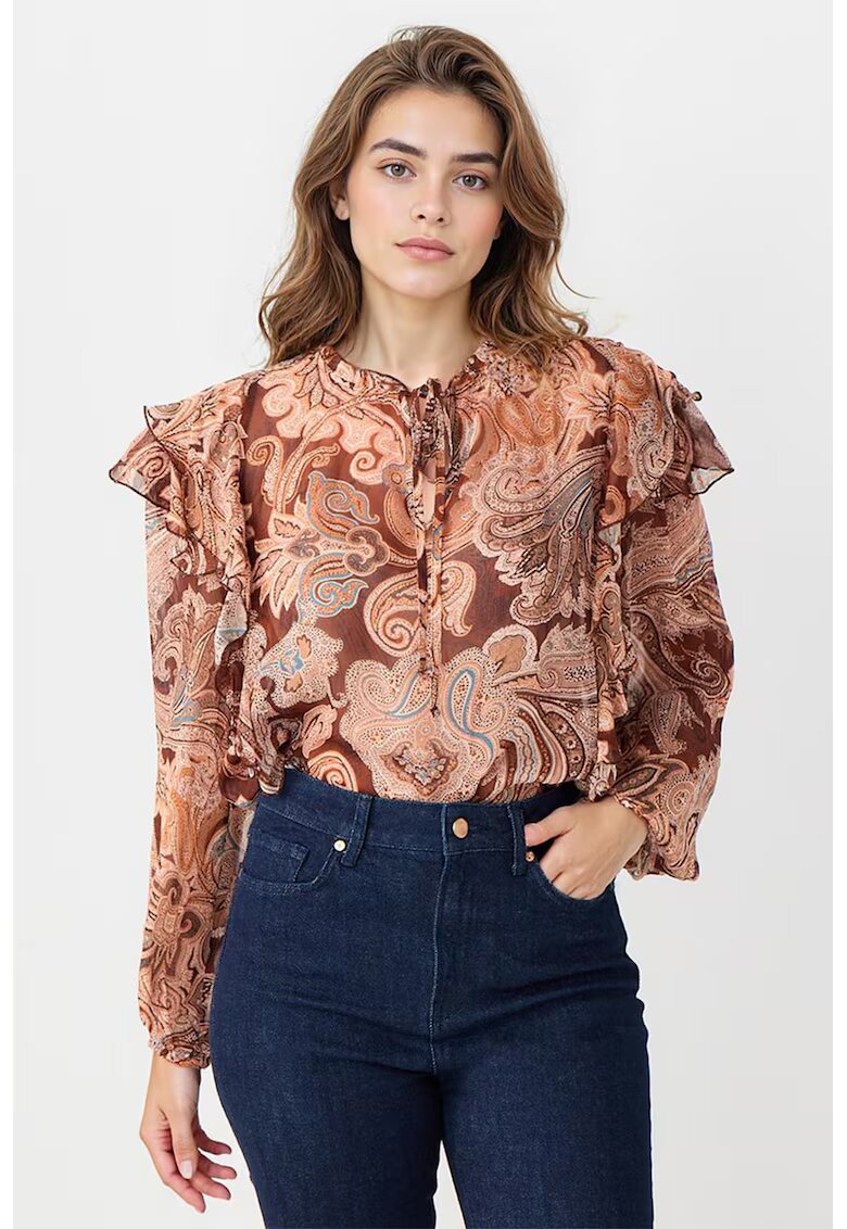 JIMMY KEY Bluza cu model paisley si volane - Maro deschis