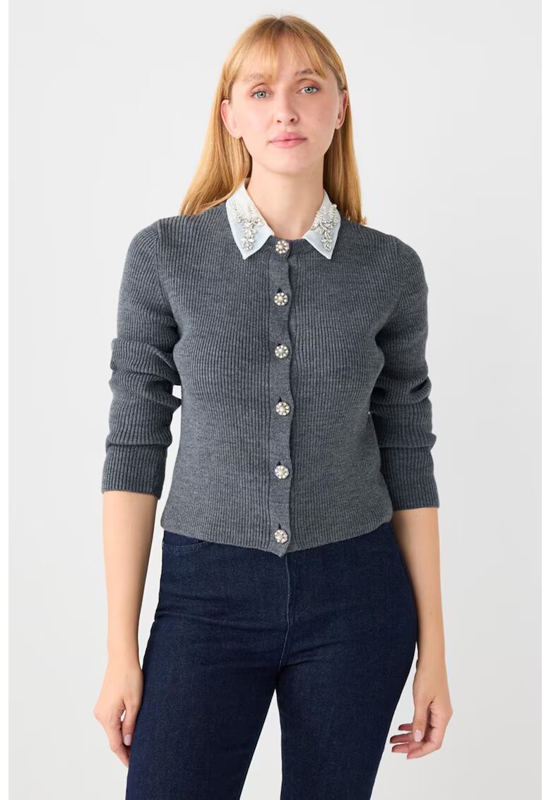 JIMMY KEY Cardigan striat cu guler cu strasuri - Gri carbune