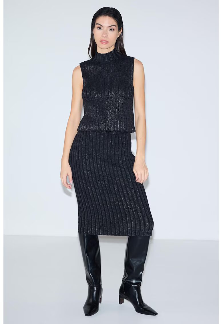 JIMMY KEY Fusta midi cambrata cu design stralucitor - Negru