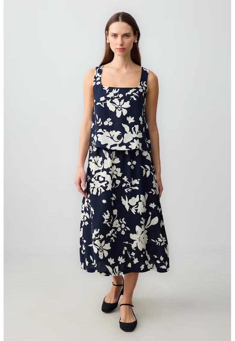 JIMMY KEY Fusta midi din amestec de in cu croiala in A si imprimeu floral - Alb fildes/Negru