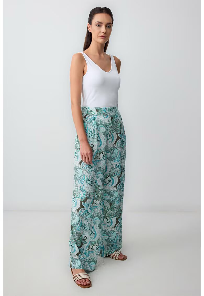 JIMMY KEY Pantaloni cu talie inalta si model grafic - Alb/Turcoaz