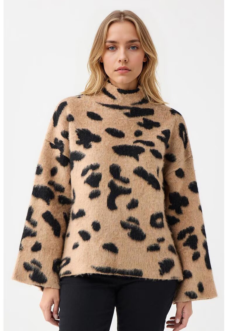JIMMY KEY Pulover cu maneci cazute si animal print - Negru/Maro deschis