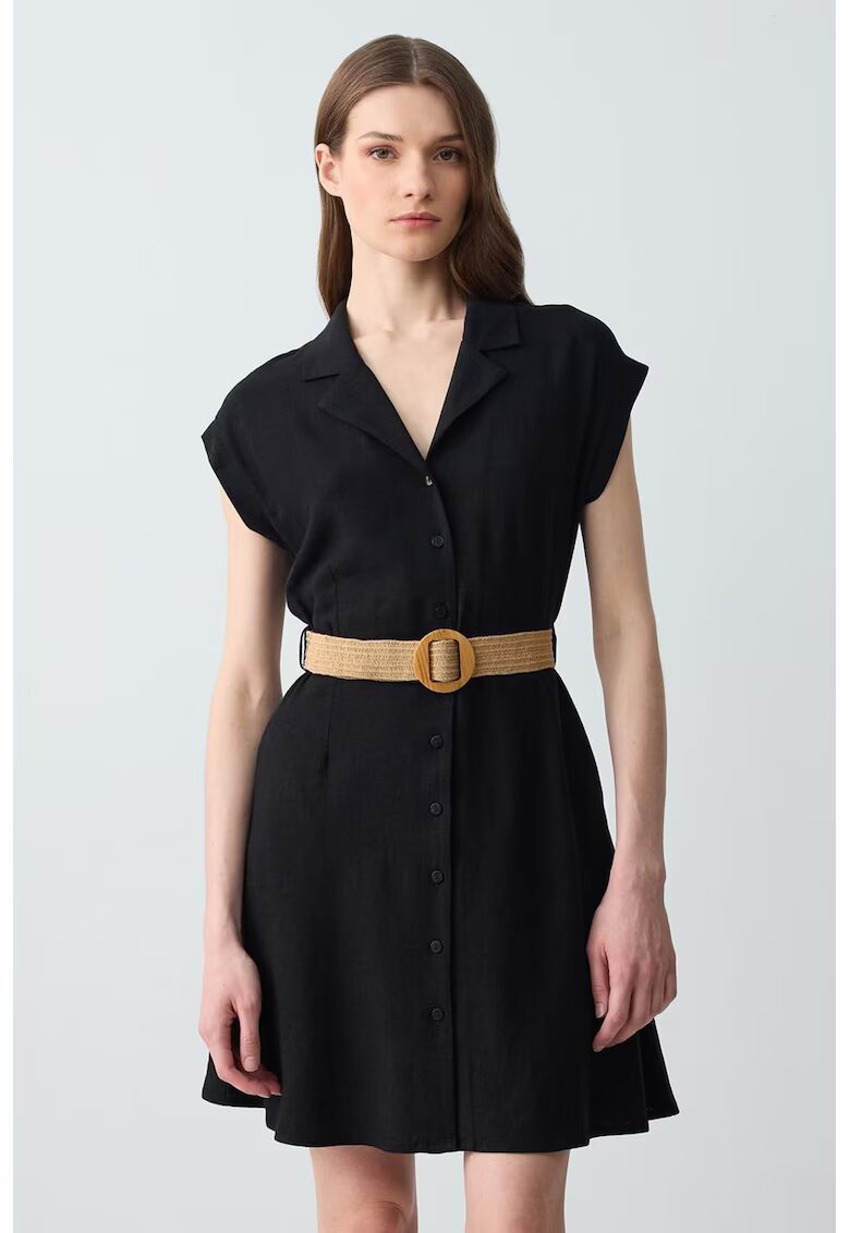JIMMY KEY Rochie din amestec de in cu croiala in A si curea in talie - Negru/Negru stins