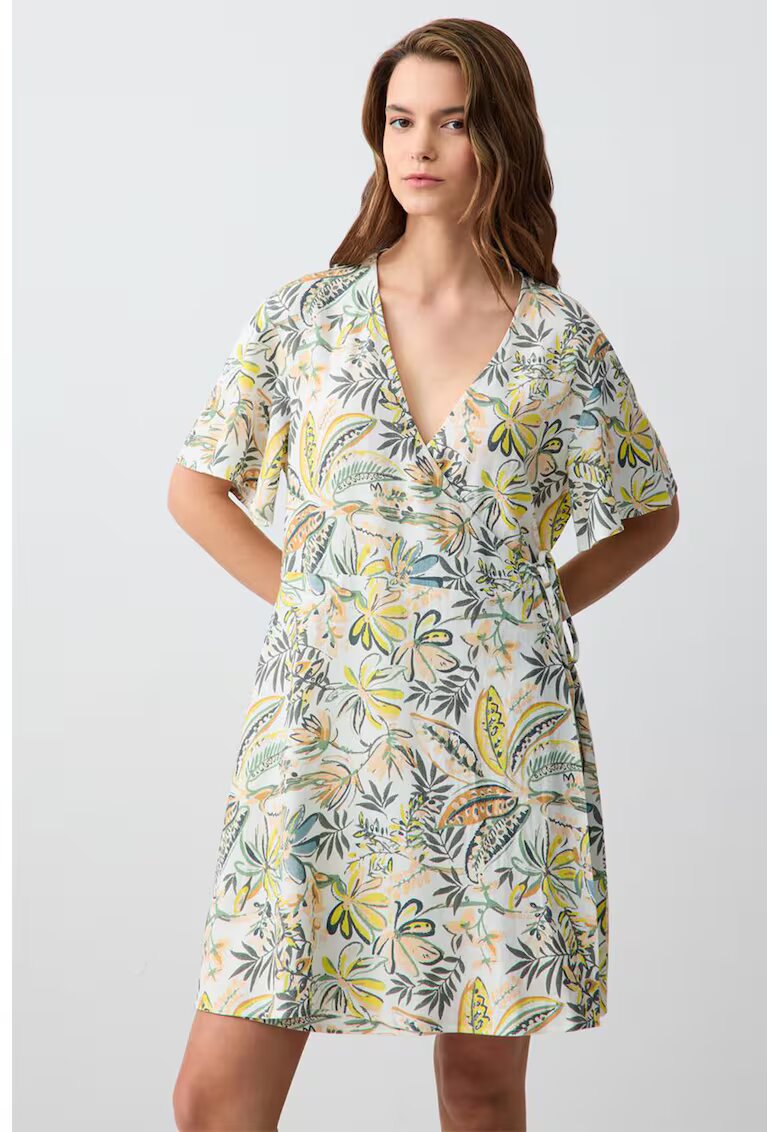 JIMMY KEY Rochie din amestec de in cu decolteu in V - model drapat si floral - Alb/Verde deschis