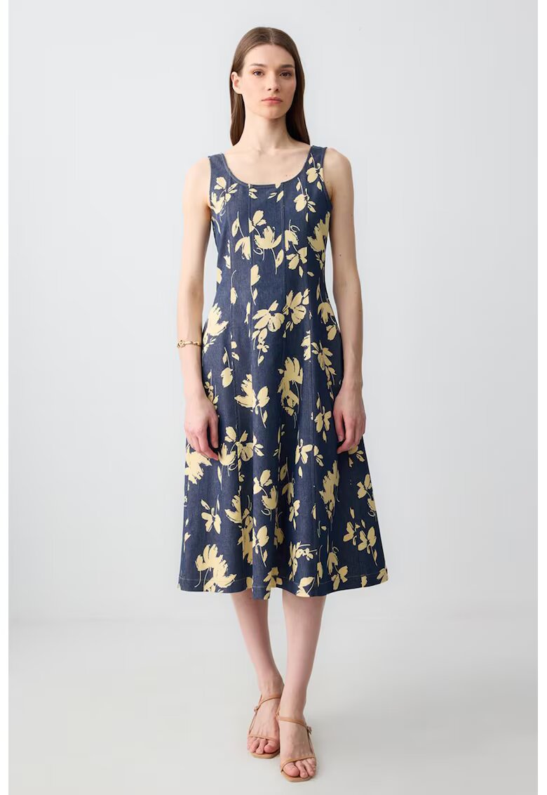 JIMMY KEY Rochie midi evazata fara maneci cu model floral - Galben/Bleumarin