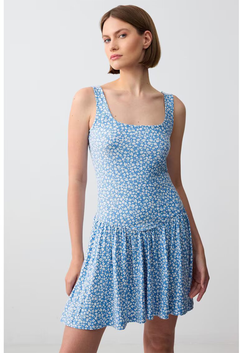 JIMMY KEY Rochie mini cu model floral si decolteu patrat - Alb/Albastru deschis