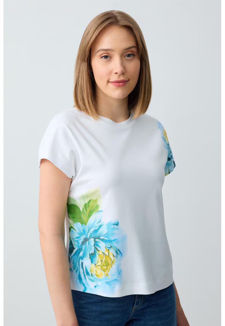 JIMMY KEY Tricou cu decolteu la baza gatului si imprimeu floral - Alb/Albastru glaciar