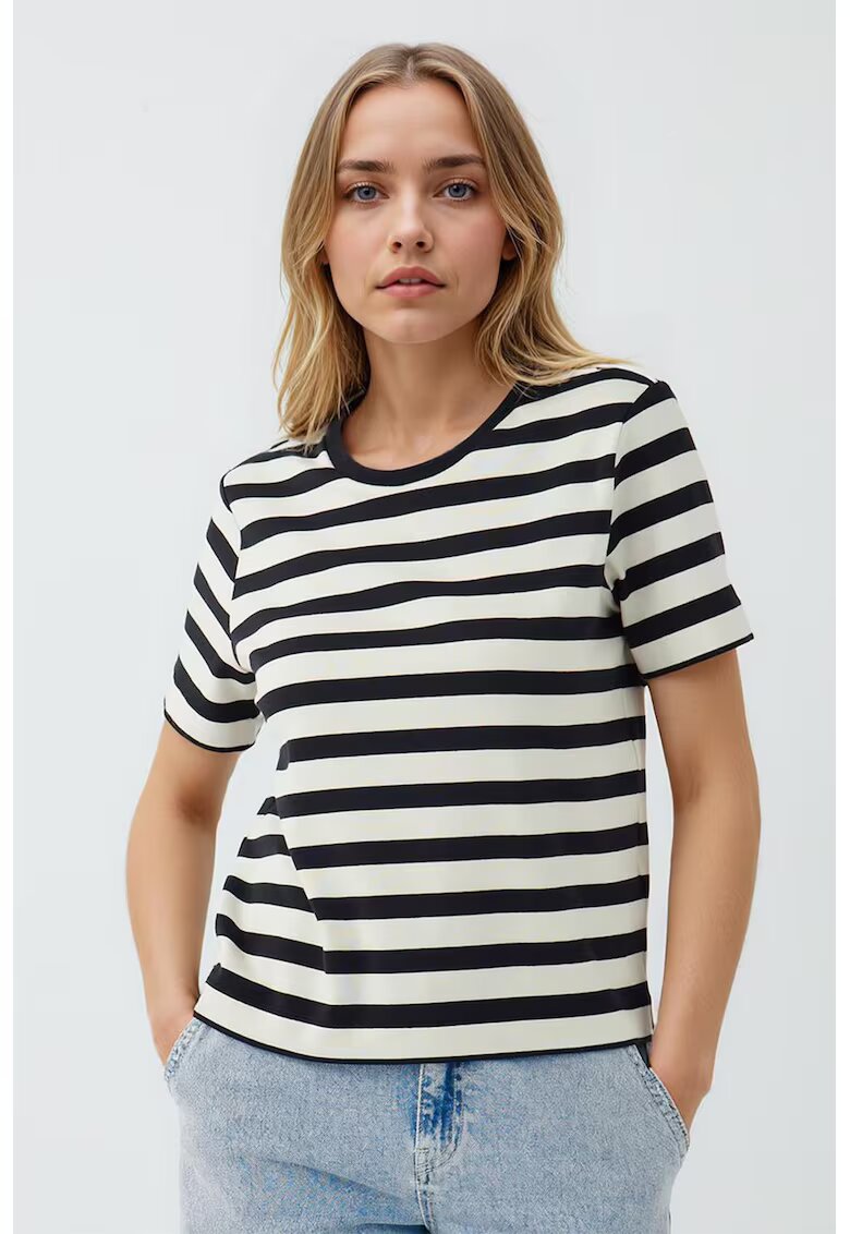 JIMMY KEY Tricou cu dungi si decolteu la baza gatului - Negru/Alb murdar