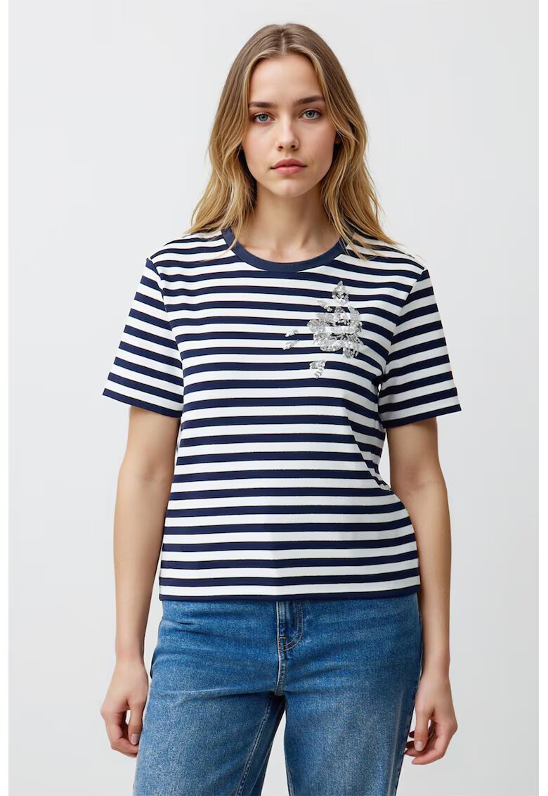 JIMMY KEY Tricou in dungi cu aplicatii de paiete - Alb/Albastru ultramarin/Argintiu