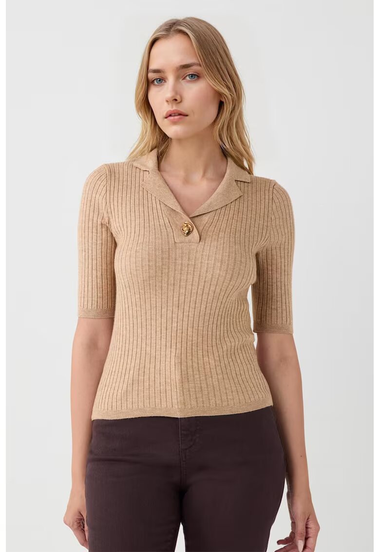 JIMMY KEY Tricou slim-fit cu revere decupate si striatii - Bej inchis