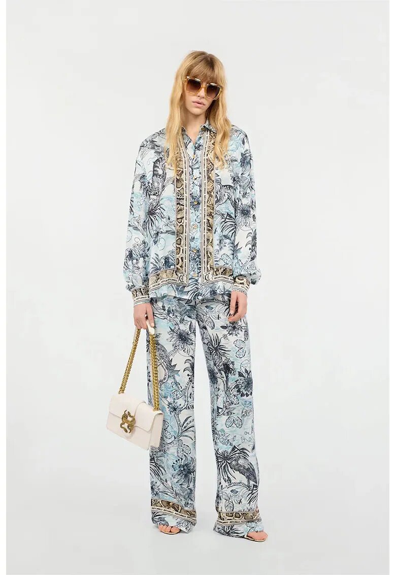 Just Cavalli Pantaloni largi cu imprimeu floral și elastic în talie - Albastru