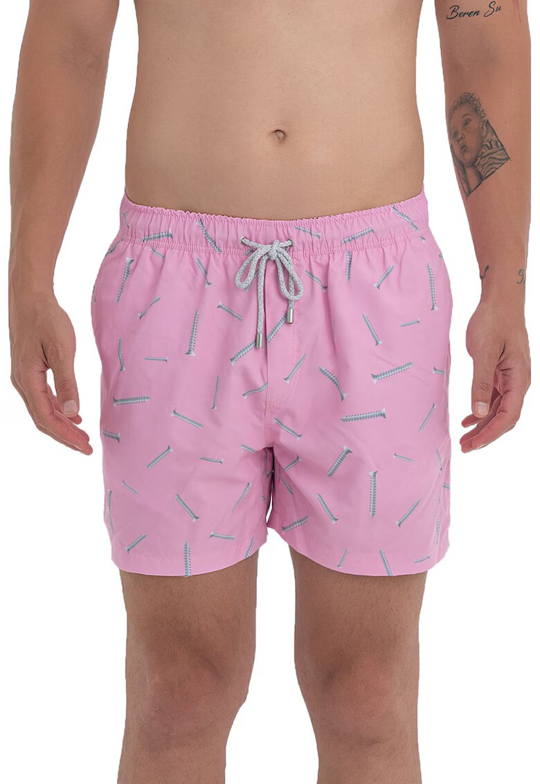 Just Like You Pantaloni scurti de baie cu model si snur - Gri deschis/Roz deschis