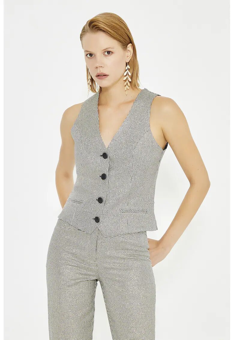 Just Like You Vesta cu model houndstooth si decolteu in V - Auriu/Alb fildes/Negru