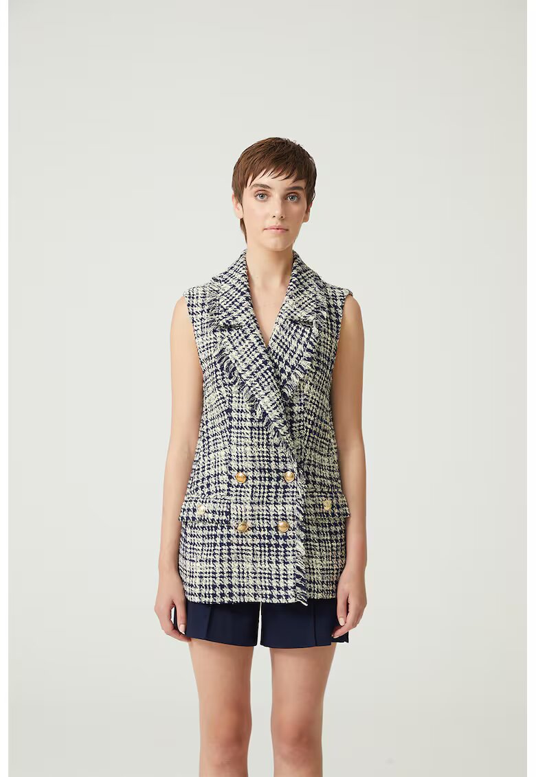 Just Like You Vesta cu model houndstooth si doua randuri de nasturi - Alb fildes/Bleumarin