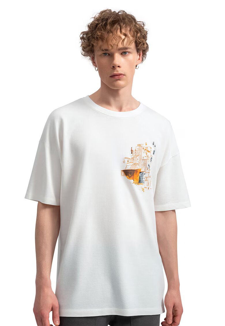 KAFT Tricou unisex cu broderie - Gri deschis/Portocaliu/Alb murdar