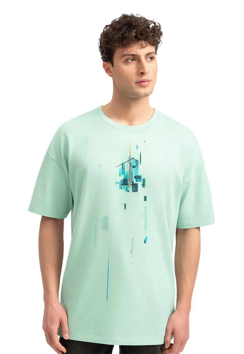 KAFT Tricou unisex cu imprimeu geometric - Portocaliu/Verde pal
