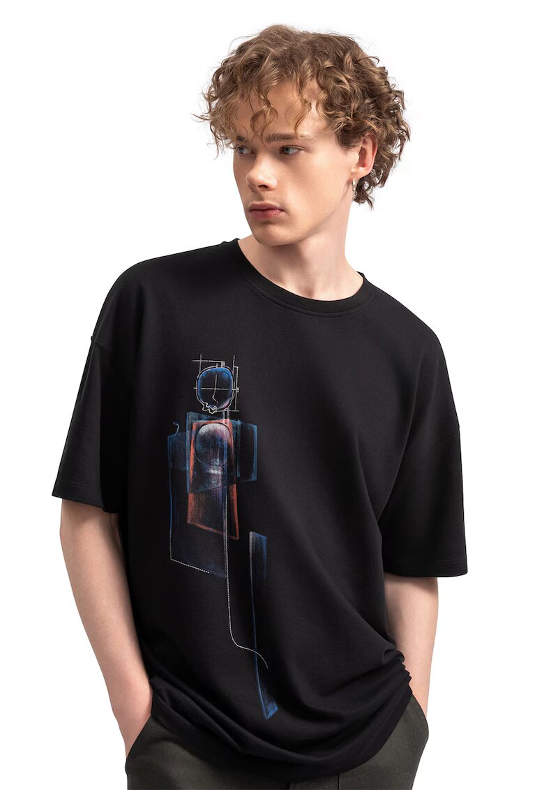 KAFT Tricou unisex de bumabc cu imprimeu - Negru/Albastru inchis