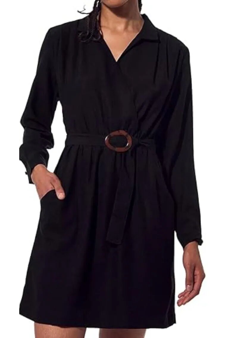 Kaporal Rochie neagra - cu volane si curea - din poliester - pentru femei -