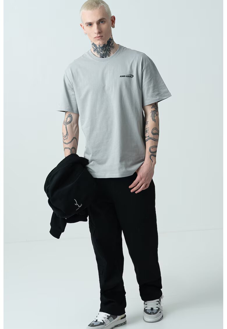 Karl Kani Tricou de bumbac cu imprimeu text si grafic pe spate - Gri cenusiu/Verde lime