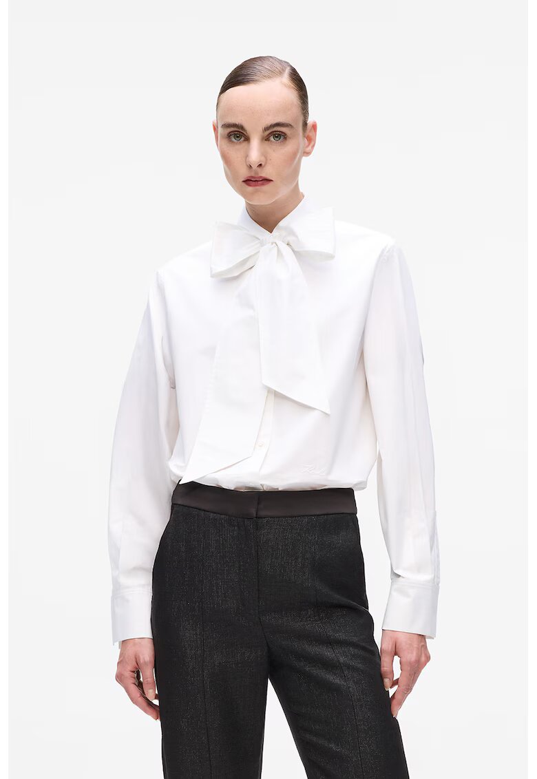 Karl Lagerfeld Camasa din bumbac organic cu model uni si decolteu cu funda din panglici - Alb optic