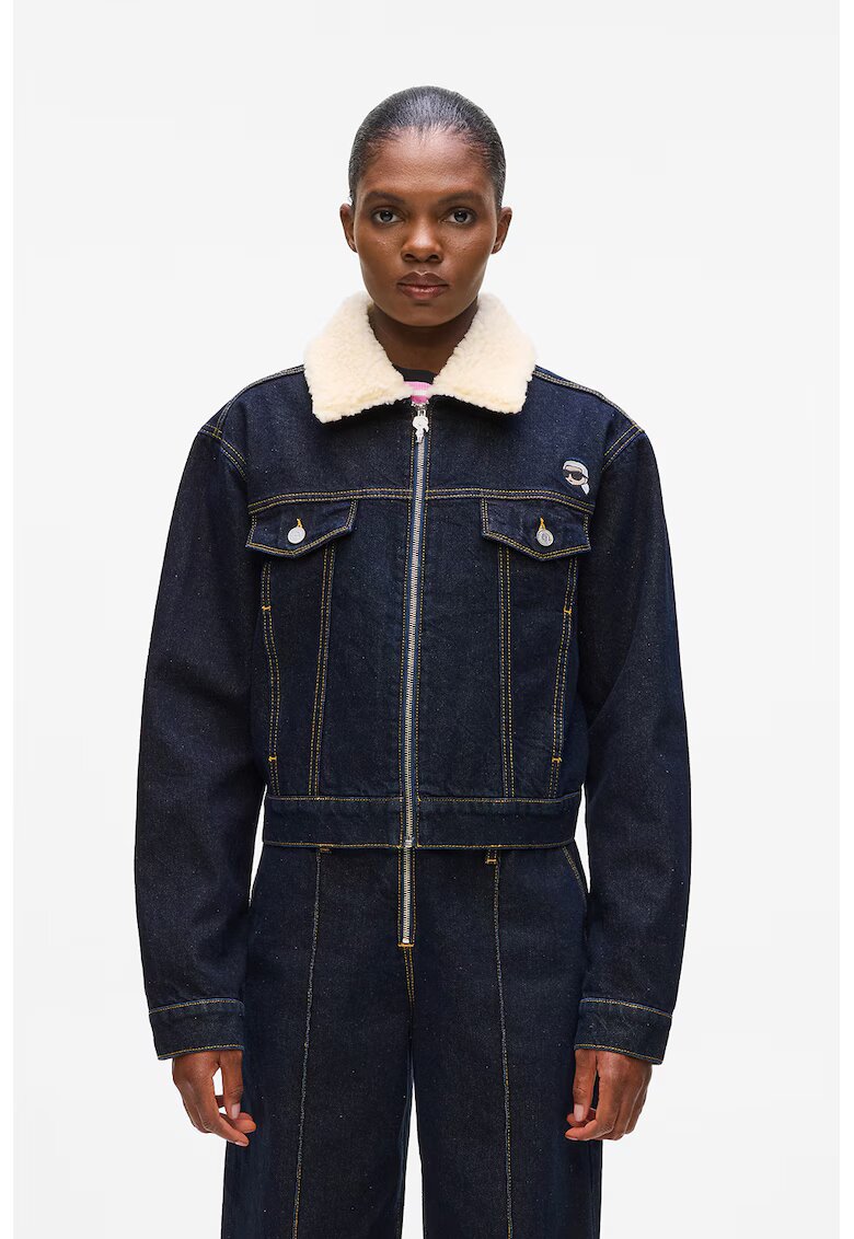Karl Lagerfeld Jacheta din denim cu guler din material teddy - Albastru ultramarin