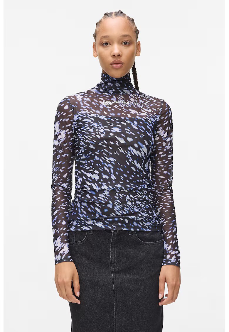 Karl Lagerfeld Jeans Bluza semitransparenta cu guler inalt si model - Alb murdar/Albastru