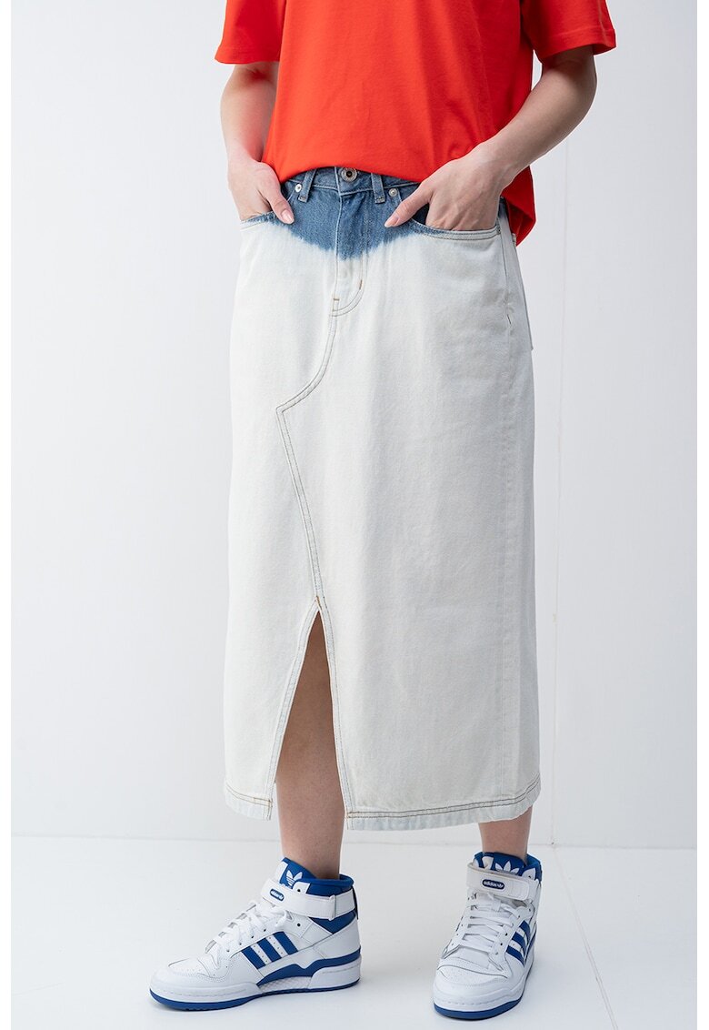 Karl Lagerfeld Jeans Fusta midi de denim cu slit frontal - Albastru/Crem