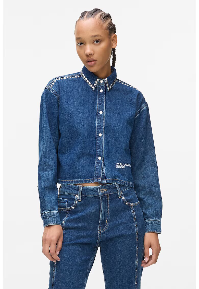 Karl Lagerfeld Jeans Jacheta crop din denim cu aplicatii cu nituri - Albastru petrol