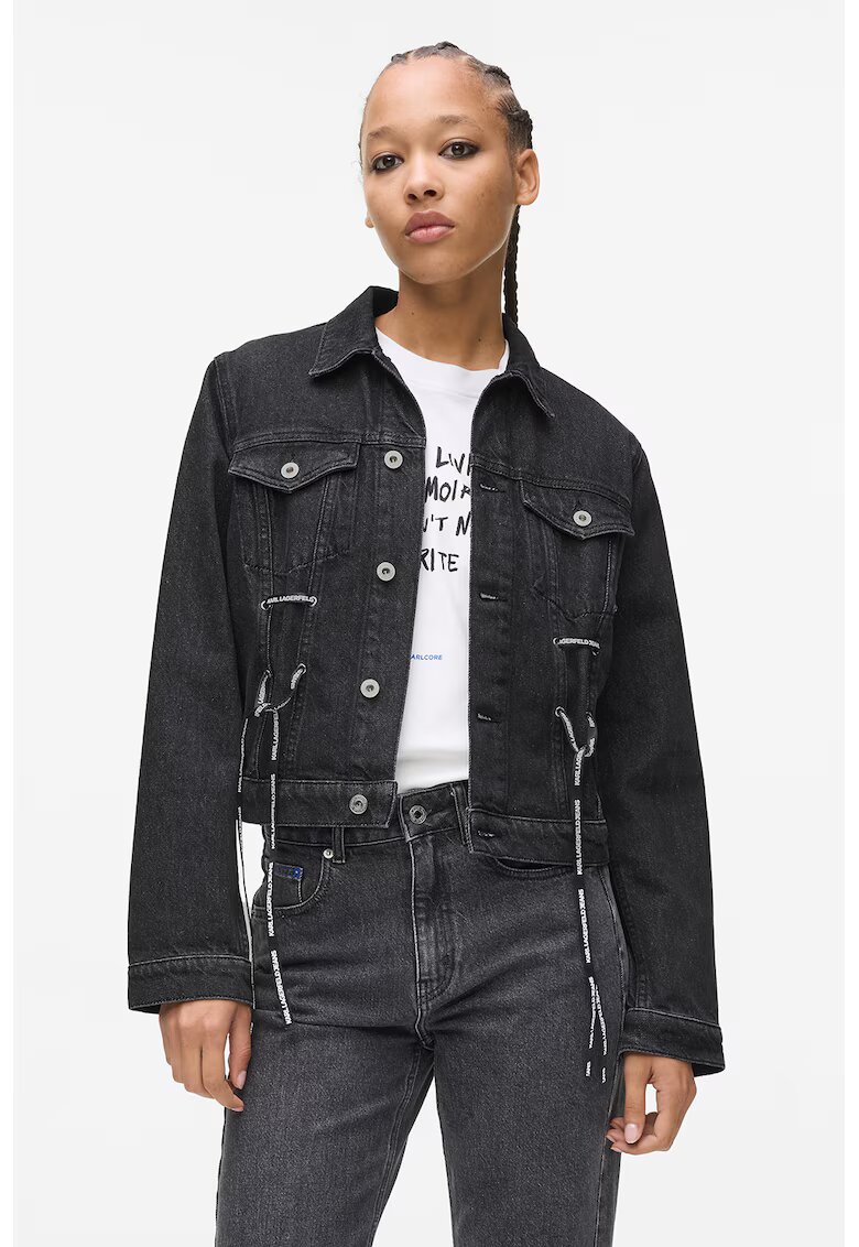 Karl Lagerfeld Jeans Jacheta de denim din bumbac organic cu detaliu funda - Gri inchis
