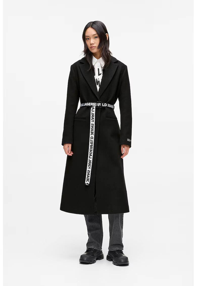 Karl Lagerfeld Jeans Palton din amestec de lana cu cordon cu logo - Negru