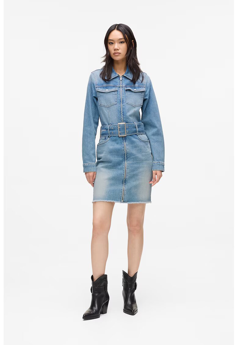 Karl Lagerfeld Jeans Rochie cambrata din denim cu o curea in talie - Albastru pastel