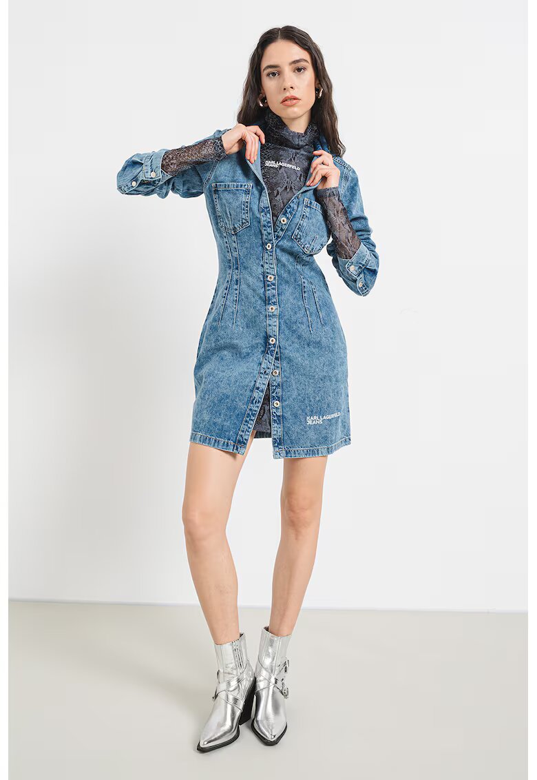 Karl Lagerfeld Jeans Rochie de denim cu buzunare pe piept - Albastru prafuit