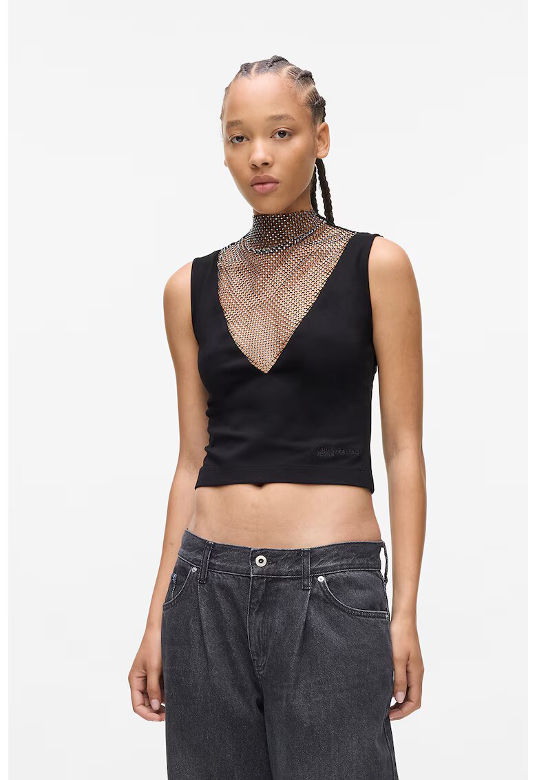 Karl Lagerfeld Jeans Top crop cu segment din plasa - Negru