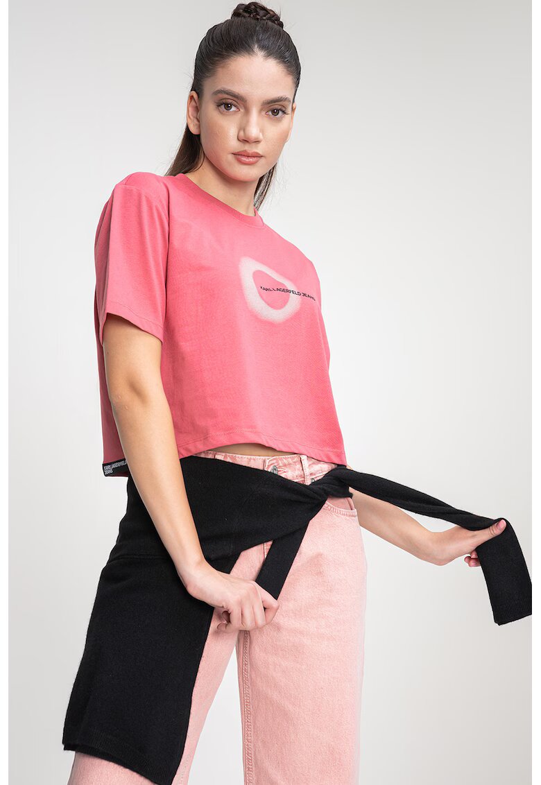 Karl Lagerfeld Jeans Tricou crop din amestec de bumbac organic cu imprimeu logo - Roz