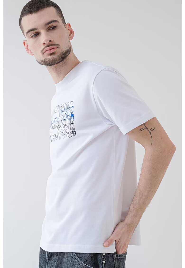 Karl Lagerfeld Jeans Tricou regular fit de bumbac organic - Alb/Negru stins/Albastru royal