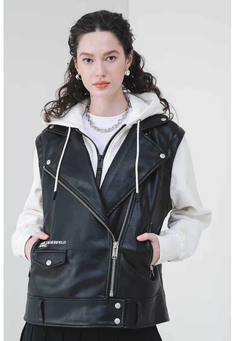 Karl Lagerfeld Jeans Vesta de piele ecologica cu buzunare laterale - Alb fildes/Negru