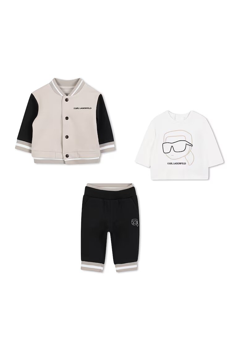 KARL LAGERFELD KIDS Set de jacheta bomber - tricou si pantaloni de trening - Negru/Maro nisip
