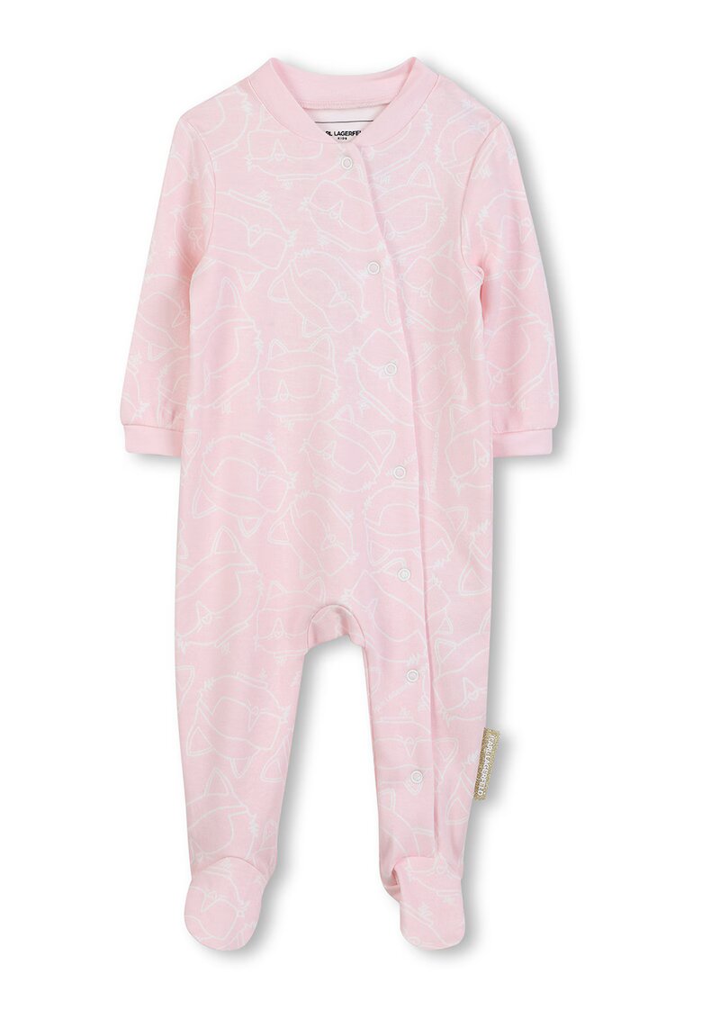 KARL LAGERFELD KIDS Set de salopeta - caciula si bavetica cu imprimeu logo - 3 piese - Alb/Roz deschis
