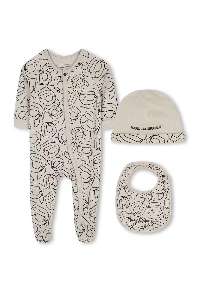 KARL LAGERFELD KIDS Set de salopeta - caciula si bavetica cu logo - 3 piese - Negru/Maro nisip