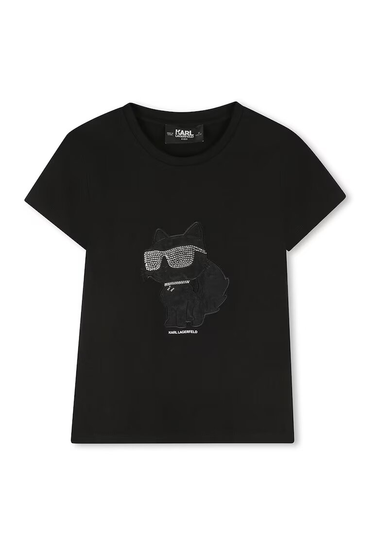 KARL LAGERFELD KIDS Tricou cu imprimeu logo si aplicatii cu strasuri - Negru