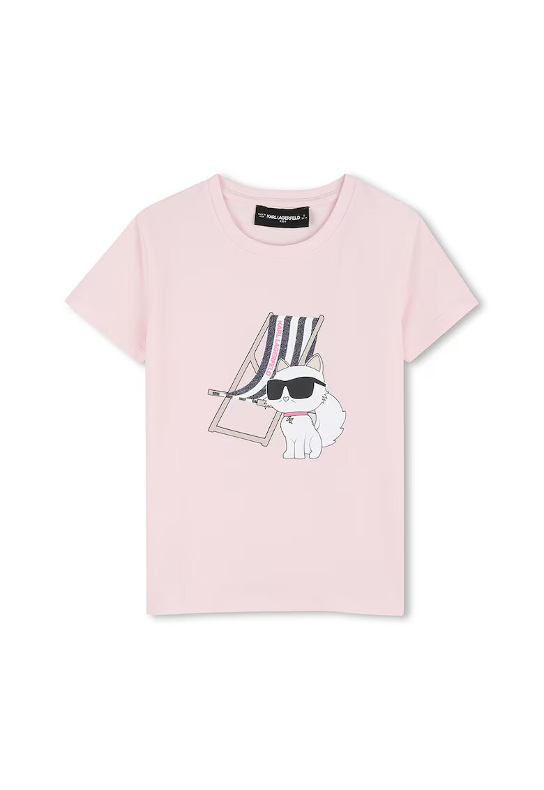 KARL LAGERFELD KIDS Tricou din amestec de bumbac cu decolteu la baza gatului si imprimeu logo - Roz pastel/Negru stins/Alb optic