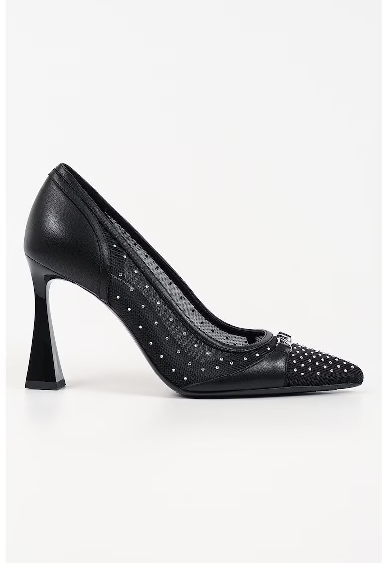 Karl Lagerfeld Pantofi din piele si material textil cu toc kitten - Negru/Argintiu